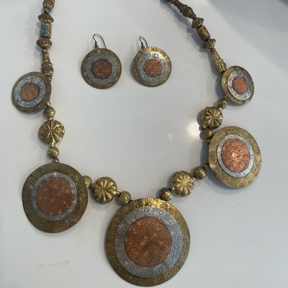 Vintage Copper & Bronze Statement Necklace Large & Small Medallions, + Earrings